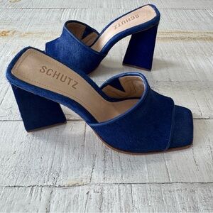 SCHUTZ Lizah Welt Wild NWOT size 7.5 Blue Calf Hair Leather Sandal Triangle Heel